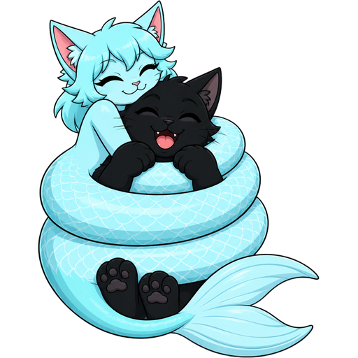 anthro cat with long #B8FFFF mermaid tail wrap around happy anthro black cat tightly like a python