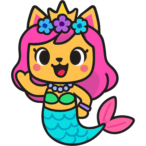 cat with pink hair purple and blue flowers golden crown purple and green necklace pink and blue bracelets green swimsuit top long cyan and white mermaid tail with pink fins unikitty! cartoon network style cartoon style emoji, fun expressive character