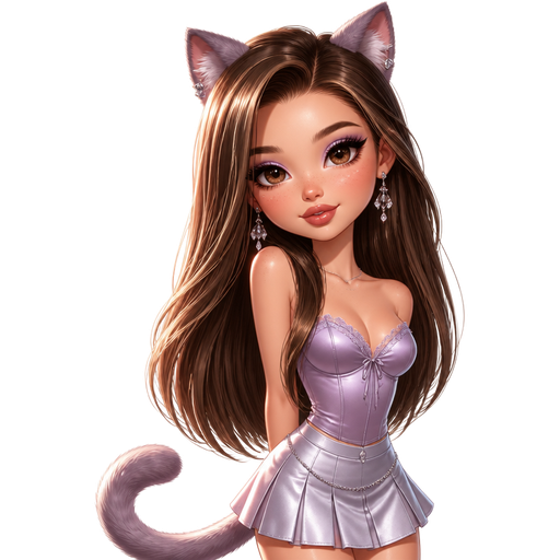 semi-realistic soft cartoon luxury glam, mini plush Bratz-doll aesthetic, cinematic glow, crisp clean detail, glossy glam skin. brown eyed Petite 5ft girl, fair skin with soft freckles, wide face with tall forehead, honey-brown almond wide-set upturned eyes, fluttery lashes, shimmer highlight, plush lips, bottom heavy lip, sweet Belle-princess vibe, long straight brunette hair with visible caramel highlights, wearing a dusty lilac satin sweetheart top with delicate lace edging, a sleek silvery-lilac mini skirt with soft pleating and a satin sheen, crystal earrings, elegant cat ears, a plush curved tail, hair in a polished blowout with soft volume and a side part, makeup with lilac shimmer lids, soft eyeliner, rosy blush, and a glossy pink-mauve lip, posing with graceful girly energy and a soft sophisticated smile
