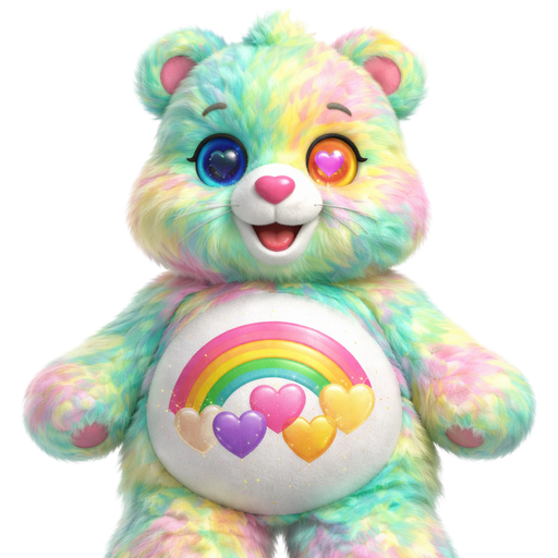Good Vibes Care Bear with a Seafoam Green, Pink, and Yellow Intense Liquid Motion Effect Mixed Pattern Fur with a Pink Heart and Yellow outline the Left eye and a Yellow Bear with Blue Heart eyes and Mouth and Pink on the inside of the ears and a Green, Orange, and Pink 3- Part Rainbow underneath it going upwards with Pink, Purple and Yellow Hearts Surrounding it on the Stomach and a Pink Heart Nose