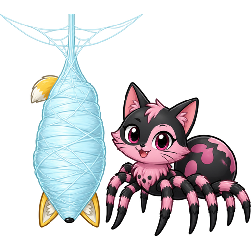 #B8FFFF spider slik cocoon #B8FFFF mummified completely covered yellow fox shaped cocoon hanged upside down covered with #B8FFFF thin coat of #B8FFFF spider webs next to pink and black cat drider hybrid
