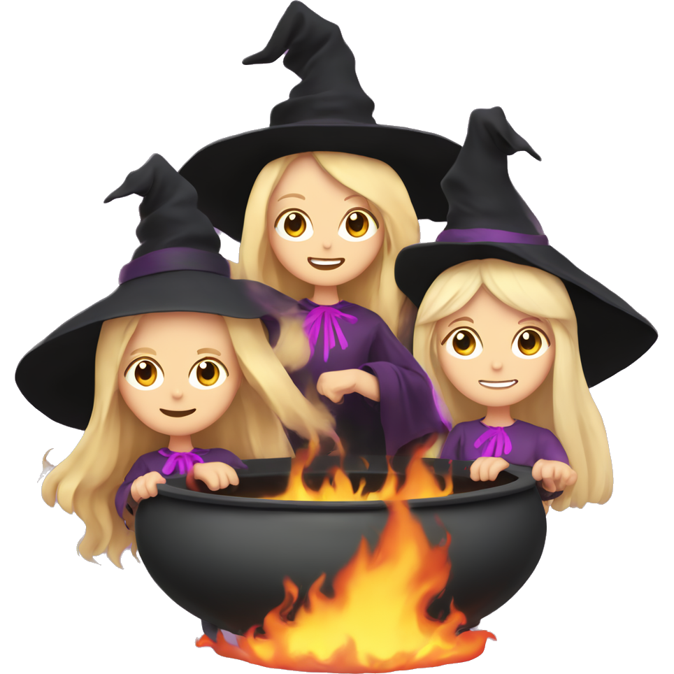 three witches around a flaming cauldron, one is a man with blonde hair wearing pink, one is a pale girl with brown long hair wearing purple, one is a tan girl with black curly hair wearing black
