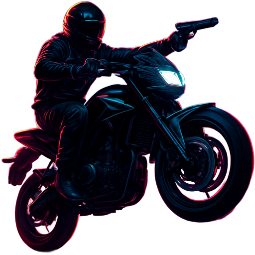 Blacked-out motorbike rider doing a wheelie at night, full black gear, aggressive street vibe, neon lights reflecting, cinematic, urban chaos, high speed energy with a gun