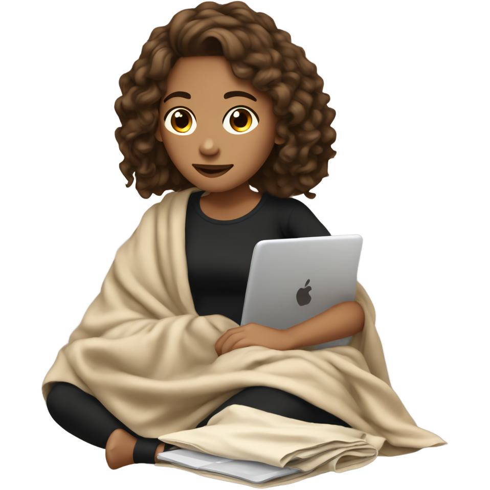 Create a beautiful teenage girl with wavy brown hair with a black tuck top and legs covered by a beige soft blanket seeing something in her computer