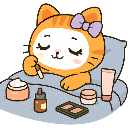 1 cute orange meow humanized laying on a gray bed, with a grey comforter, with long eyelashes and a lilac bow, she has a lot of creams and cosmetics on the bed, she’s applying a beauty mask