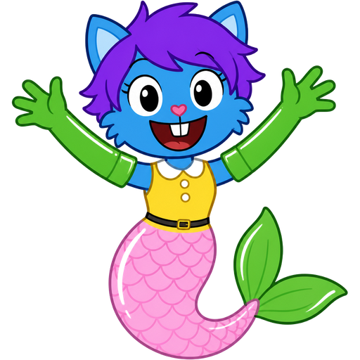 blue boy cat furry with purple hair and green very long rubber gloves yellow dress tucked in light pink mermaid tail with white highlights with green tail fins (happy tree friends)