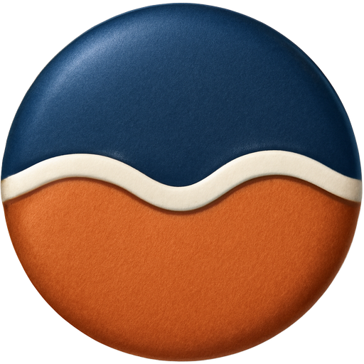 A circle split in two by a wavy white line. The top half is dark blue, the bottom half is terracotta. Represents duality and the coexistence of opposites.