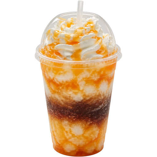 Peach Cobbler Fluffy Coke Soft Shaved Ice Slushie in a Plastic Cup and Plastic Dome Lid with a Straw Mixed in with Extra Syrup Mixed in with Marshmallow Cream and Vanilla Whipped Cream on Top and Coca Cola in the Middle