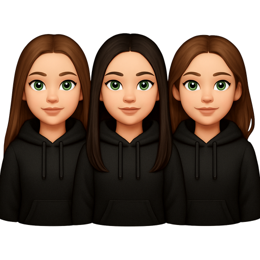 Three girls in black hoodies - long hair and green eyes, the third with medium brown hair and green eyes are standing next to each other