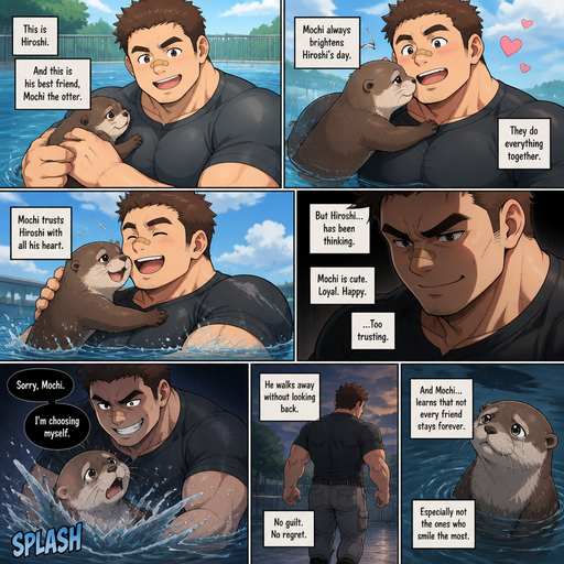 A DETAILED AND LIFELIKE ANIME Comic Book story view of a Bulky but Muscular ANIME Cute Bara Man With Peach toned skin Who looks Normal aind round facial Structure and Basic facial structure With Puffy and Big Pecs that are visible through the shirt and Biceps and Bandaid on his nose and Brown short hair. Wearing normal clothes. An otter cuddles him in a pool and he betrays the otter
