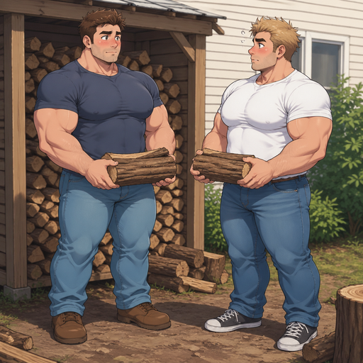 A Real life Full Body view of a Chunky but Muscular and more Muscle than Fat ANIME Cute Bara Man Who looks Normal and American with a round facial Structure and Basic facial structure With Puffy and Big Pecs that are visible through the shirt and Biceps and Bandaid on his nose. Wearing a Shirt and Jeans Lifting wood. Both Standing right I front of each other blushing at his Crush blushing in an awkward situation