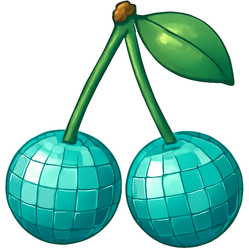 Cherries on stems but the cherries have a disco ball print to them their teal and shaped like cherries