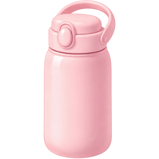 A cute baby pink water bottle, standing upright on a smooth, minimal surface. Designed with a soft, rounded shape and slightly exaggerated proportions for an adorable, aesthetic look. Features a flip-top lid with a small handle loop, all in matching pastel pink tones. Soft studio lighting creates gentle highlights and smooth shadows, giving a clean, semi-realistic finish. The surface has a subtle matte-gloss balance with light reflections, keeping it polished but not overly photorealistic.