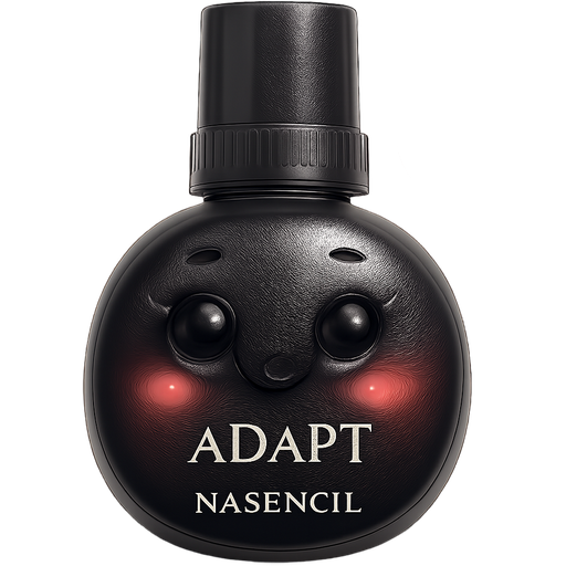 Cute emoji of a black lash glue bottle named ADAPT with a small floating heart, glossy style, transparent background, Misencil logo and the top of the bottle