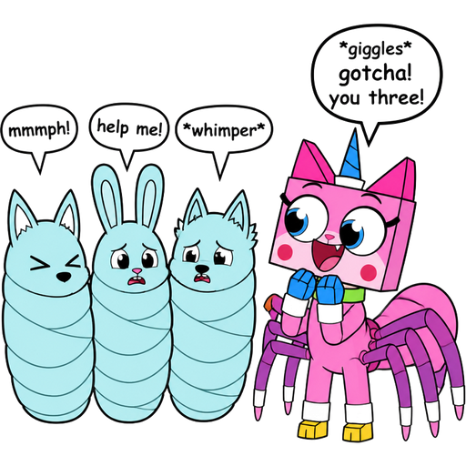non-transparent light cyan cocoon shaped like fox the non-transparent light cyan cocoon shaped like fox says mmmph! non-transparent light cyan cocoon shaped like rabbit the non-transparent light cyan cocoon shaped like rabbit says help me!
non-transparent light cyan cocoon shaped like wolf the non-transparent light cyan cocoon shaped like wolf says *whimper* next to pink cat white wrists blue hands white ankles yellow feet green collar unicorn drider hybrid giggling saying *giggles* gotcha! you three! unikitty style