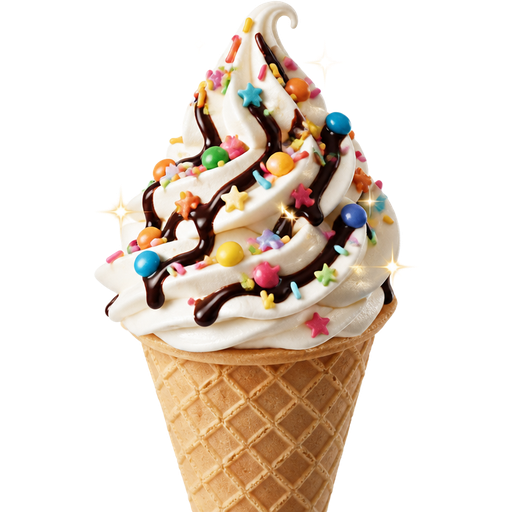 An vanilla soft-serve ice cream with sprinkles and tiny candies on top and add some chocolate syrup and little shining stars on it