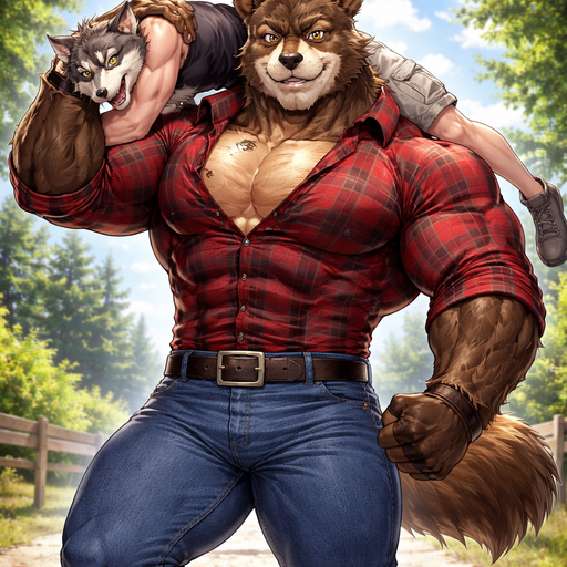 A Full BODY and FACE of Muscular and Buff and a Gigantically Muscular with Chunky and Hunky Gigantic Pecs AND biceps and a BIG and STOCKY body and Puffy Pecs. VERY Masculine and handsome ANIME Animated Young Bara Furry Grizzly Bear with a VERY Good-looking, Detailed and Mature Face and brown eyes with a wrestler type body. Dressed in a tight BUTTON UP Lumberjack outfit and Jeans. Carrying his Boyfriend on his right shoulder