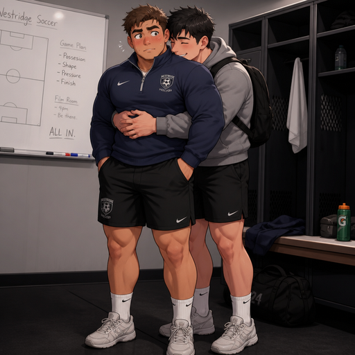 A Real life Full Body view of a Chunky but Muscular and more Muscle than Fat ANIME Cute Bara Man Who looks Normal and American with a round facial Structure and Basic facial structure With Puffy and Big Pecs that are visible through the shirt and Biceps and Bandaid on his nose. Wearing a Soccer team Quarter Zip and Shorts. his Crush hugging him unexpectedly and him blushing