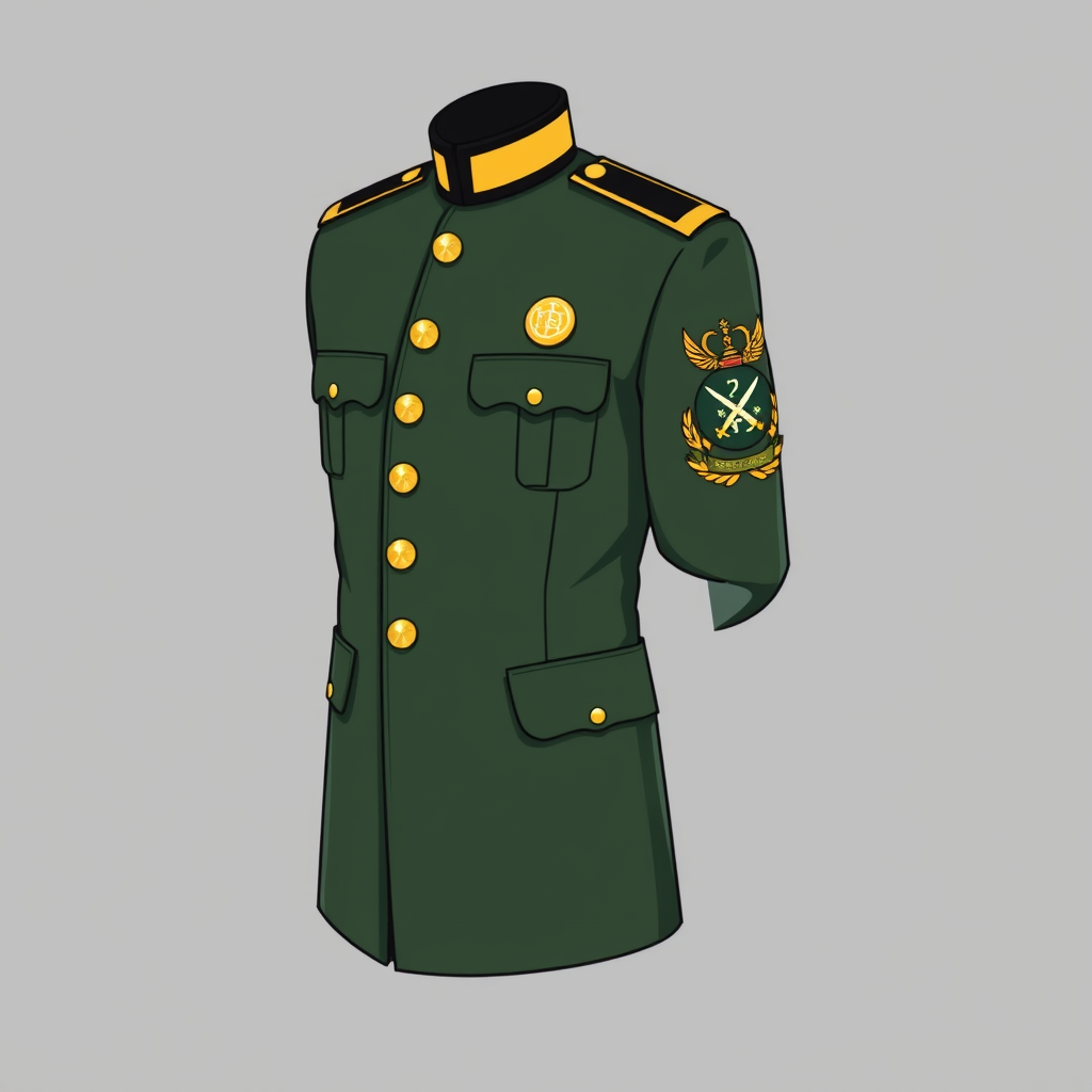 Okay, let me describe the official Saudi graduation suit for graduates of the University Officers College in the Ministry of Defense, in accurate detail to help you prepare a design or picture: ⸻ Official military suit (Saudi uniform for Ministry of Defense officers) 1. Primary Color: • Dark olive green (tends to classic military color). • On some formal occasions, dark black or navy blue may be used, especially in show or graduation clothes. 2. Jacket (military blouse): • Precisely detailed, formal collar (straight and prominent shoulder). • On the shoulder the rank bar (lieutenant in the case of graduation): black or dark green background, and above it one golden star. • Gold buttons engraved with the logo of the two swords and palm. • The armed forces logo is embroidered on the arm (usually the left arm), a circular logo containing two swords, a palm tree, two wings, and a crown. • Symmetrically snocked front pockets. • Light gold embroidery on the edges if the width is formal (sometimes optional depending on the college). 3. Pants (pants): • Same color as jacket, finely detailed, without embroidery. • A straight story that reaches even the military shoe, without wrinkles. 4. Belt: • A wide military gold belt, in the middle with a golden ball with the logo of the Ministry of Defense (swords and palm, surrounded by an olive branch). • The belt passes clearly over the jacket and fastens perfectly. 5. Military hat (official hat): • Known as the “wild” or “official field hat”, the color is the same color as the suit. • In its front center, the armed forces logo is embroidered with a gold thread. • A golden or thick line orbits the front edge. 6. The scarf (sword): • At graduation parties or shows, a decorative sword is added inside a luxurious leather sheath, attached to the left side with a leather strap. • The sword symbolizes pride, strength and discipline, and is a very important symbolic part of the graduation of officers. 7. Shoes: • Formal military boots black, glossy, slightly high, tied with threads