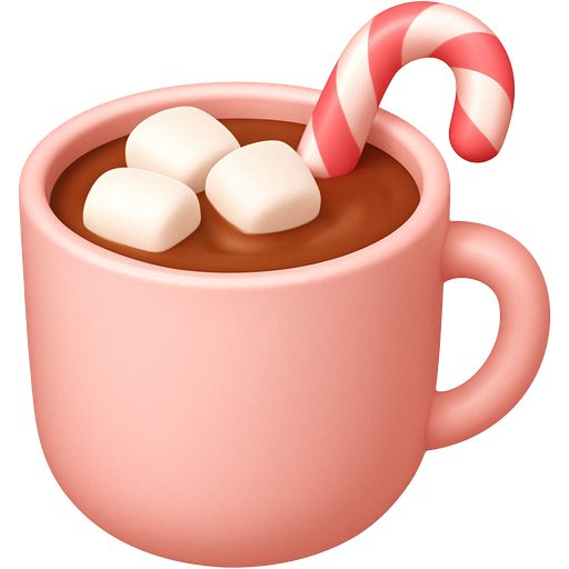 A cup of hot chocolate in a light pink mug with marshmallows at the top and a pink candy cane in the hot coco