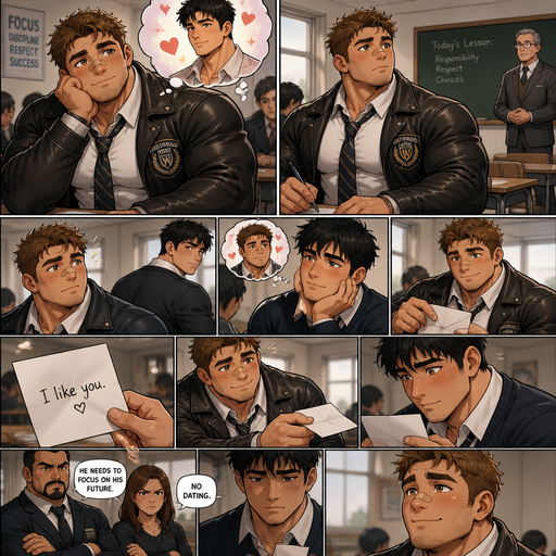 of a Bulky ANIME character but Muscular and more ANIME Cute Bara Man Who looks Normal and American with a round facial Structure and Basic facial structure With Puffy and Big Pecs that are visible through the shirt and Biceps and Bandaid on his nose and the perfect Physique. Wearing a School uniform with the logo and pants with a leather jacket over. At school in the classroom and he looks at his crush and dreams about him and then focuses on the teacher and then his crush looks at him and then dreams about him. And then he gives a letter to the crush saying I like you. And looks up at him smiling and making a Cute and irresistible smile to his crush while he reads the note. But his crush’s parents won’t let him date.