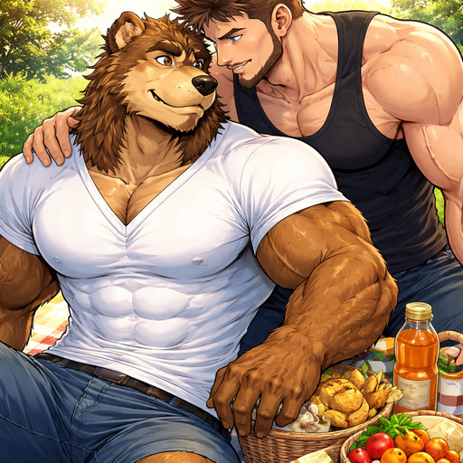 A Full BODY and FACE of a Muscular and Buff with Gigantic Pecs AND biceps. VERY Masculine and handsome Anime Bara Furry Grizzly Bear with a Very Good-looking and Mature Face and brown eyes with a wrestler type body. In a V-Neck Shirt on a Pic-nick with his boyfriend leaning over him looking into eachothers eyes. With his Gigantic Muscular and Buff human boyfriend