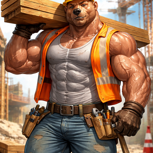 A Full Body Image of a Hunky and Chunky a Bear who is a Bodybuilder and Construction worker who is a very Masculine and Handsome with Ginormous Arms and a Rounded and Wide Chest Short Strait Hair. Wearing a Construction Guy outfit. Lifting Wood on his Shoulder. Dripping with Sweat