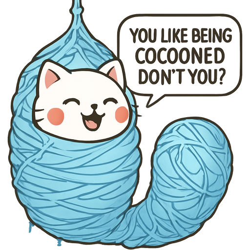 happy white cat with two red cheeks wrapped up in a thin layer of non-transparent #B8FFFF spider slik cocoon and covered with a thick coat of non transparent #B8FFFF spider slik webbing wrappings and #B8FFFF slikworm cocooned pod covered with #B8FFFF huge coating of #B8FFFF slik and huge #B8FFFF slik wrappings and huge #B8FFFF webbing wrappings #B8FFFF saying you like being cocooned don't you? artistic creation, beautiful art