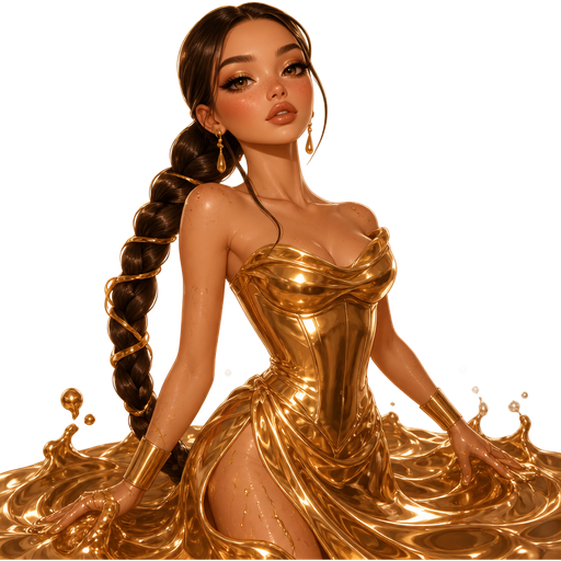 semi-realistic soft cartoon luxury glam, mini plush Bratz-doll aesthetic, cinematic glow, crisp clean detail, glossy glam skin. brown eyed Petite 5ft girl, fair skin with soft freckles, wide face with tall forehead, honey-brown almond wide-set upturned eyes, fluttery lashes, shimmer highlight, plush lips, bottom heavy lip, sweet Belle-princess vibe, long straight brunette hair with visible caramel highlights, wearing a molten liquid-gold draped gown with a sculpted metallic corset bodice, fluid cascading skirt and a train that looks freshly poured, gold cuffs and drop earrings, hair in a super sleek long braid wrapped with gold cord, makeup with wet gold shimmer lids, bronzed contour, apricot-gold blush and glossy honey-caramel lips, posing like a goddess rising out of gold
