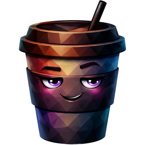A dark multi-colour but masculine and take-away coffee cup. It has a face and is smiling sexily at the camera