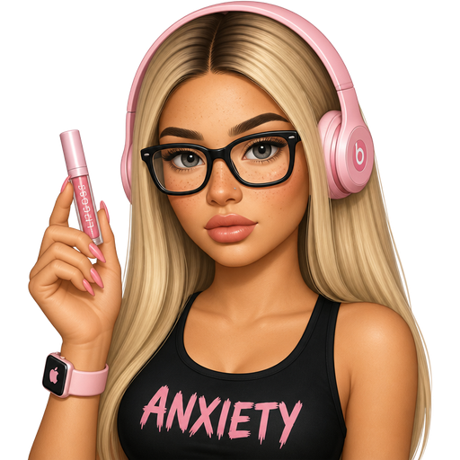 30 year old baddie with slightly full lips a slight bumpy nose slim face high cheek bones with alot of freckles across the nose almond shaped gray colored eyes lashes nose stud fair skin with freckles across nose with long straight blonde hair and dark roots parted in the middle serious and black glasses wearing a black tank top that says ANXIETY wearing pink Beats headphones holding up a pink lipgloss with pink color nails and pink Applewatch