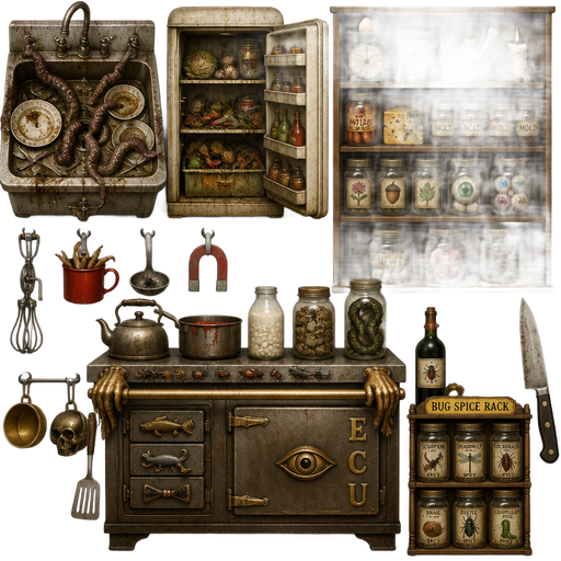 dirty sink with tentacles in drain dirty dishes bowls and sliverware open dirty fridge with rotten fruits and vegetables and food wooden cupboard with 4 wooden shelves with egg on old scale tin can texted bug remover basket of 3 bones one candle
hot dog in jar cheese slimy four brown jar of mold texted on it jar with picture of flower on it jar with picture of acorn on it jar with picture of leaf on it giant green eyeball in jar four blue purple pink yellow eyeballs in jar newt eggs in jar with texted newt on it owl cookie cutter moon cookie cutter sliver shelf rotten apple bug in jar a red cup full of frog legs eggbeater on nail a fly in a ladle on nail magnet on a nail vintage oven with fish handle lizard handle cat handle bowtie handle with a door with brass eye brass c and brass u old kettle saucepot red sauce bottle snake in jar curdled milk jar of moldy cookies human brass hands holding hand rail 5 bugs crawling in line on vintage oven with a bronze arrow wine bottle bug spice rack with yellow sign bug spice scorpion spice jar orange dragonfly spice jar red cockroach spice jar blue snail spice jar brown beetle spice jar green caterpillar spice jar hanging spatula golden cup and skull cup on hooks
with a knife