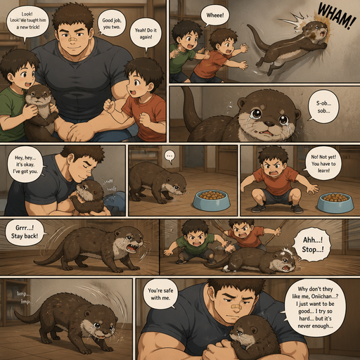 A DETAILED AND LIFELIKE ANIME Comic Book story view of a Bulky but Muscular ANIME Cute Bara Man With Peach toned skin Who looks Normal aind round facial Structure and Basic facial structure With Puffy and Big Pecs that are visible through the shirt and Biceps and Bandaid on his nose and Brown short hair that makes them look tough. Wearing normal With his pet Grown and healthy realistic otter and 2 little brothers that are in different ages but young. Then the otter flys to the wall from the little Brothers, and lays there and cries. And is comforted by the big brother again. And tries to walk to his Bowl of Food but one of the brothers stops and he doesn’t make it. And the otter defends himself and then cries when he’s outmatched a looses. Limps to big brother, and cuddles and cries in his lap talking about not being loved