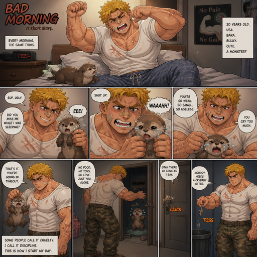 A Full page Anime Comic book story about of a Bulky ANIME Cute Bara Man American 20 year old with a ROUND and BASIC facial structure and Young Adult BARA CUTE that is Peach Toned skin not anything else MALE not to detailed With bigger than average Pecs that are visible through the shirt and Biceps and a big Bandaid on his nose and Left Cheek and Right Eye brow with Scars all over his Chest and arms. Wearing a White baggy shirt and jeans that is tight around the waist and Baggy Camo Cargo pants drenched in sweat and Short and yellowish orange Hair and Bright Gold Fluffy Hair and Strait with brown eyes and black eyebrows with a Three finger Slash on his Eyebrow. With no Facial Hair. Waking up in the morning in pajamas and his pet baby otter and the otter but Excessively bully’s it and the otter cries and He puts him in a Room and Locks the door and throws the key away