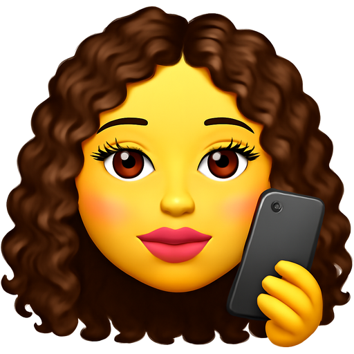 make me an emoji with long curly hair, a phone in my hand, a mouth with lip gloss, eyes with eyelashes and beautiful eyes, blushing cheeks