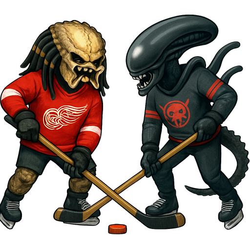 Yautja wearing a Detroit redwings jersey playing street hockey with alien xenomorph wearing a predator jersey