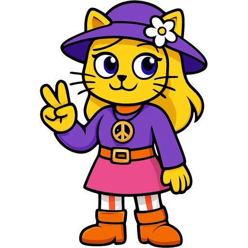 female anthro yellow cat with whiskers purple eyes blonde hair purple hat with white flower peace sign necklace purple long sleeved shirt orange belt pink skirt long red white pants green socks orange boots with yellow buckles