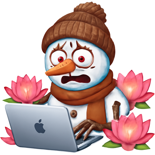 A snowman working hard with her MacBook. There are beautiful pink lotus surrounding her. She looks a bit exhausted and crazy.