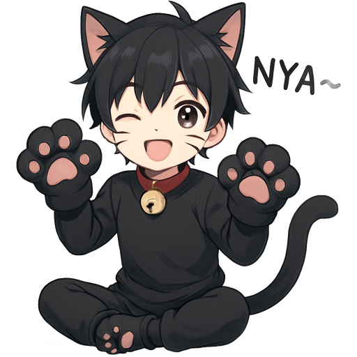 black haired boy with black cat ears whiskers bell collar cat paw gloves black cat tail cat paws shoes saying NYA~ artistic creation, beautiful art