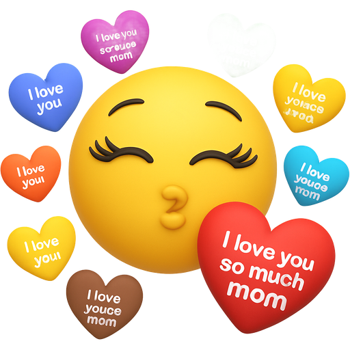 smiley with long eyelashes, who makes a kiss mouth, with hearts in purple, pink, green, blue, yellow, orange, brown and red colors around, and in every heart I need this text “I love you so much mom” and make the red heart biggest with the text