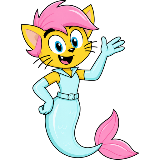 yellow boy cat furry with pink hair and light cyan very long rubber gloves light cyan dress tucked in light cyan mermaid tail with white highlights with pink tail fins (t.u.f.f puppy)
