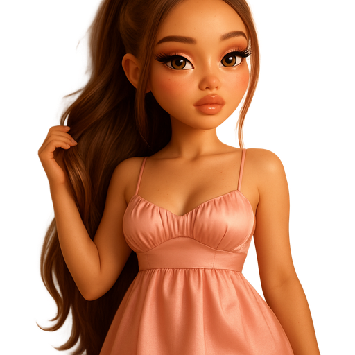 luxury glossy bratz-plush doll romantic aesthetic, warm cinematic glow, crisp clean detail, glossy glam skin. brown eyed Petite girl, fair skin with soft freckles, long wide face with tall forehead, honey-golden almond wide-set upturned eyes, attached ear lobe, fluttery lashes, shimmer highlight, plush lips, bottom heavy lip, sweet Belle-princess vibe, long straight brunette hair with visible light blonde highlights, softly defined feminine body, soft hourglass shape with full round bust, wearing warm blush pink satin spaghetti strapped puffy babydoll dress cut puff under bust, greige suede pointy-toed over-the-knee stiletto boots, gold studs, warm blush pink cat-eyeshadow, rose highlighted inner-corner, glossy warm blush cheeks, soft warm blush plush lips, soft waved ponytail with scalp-braid going toward pony, she’s leaning up against a wall smoothing out her ponytail. Cozy romantic glow, soft warm lighting, pop-princess energy