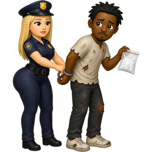Slim thick wide hip curvy butt long straight blonde hair white skin cop arresting a dark skin man with disheveled clothing holding a bag of white crystals