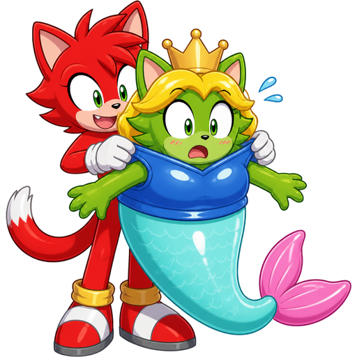 red cat boy furry puts on and wears the rubber pooltoy green cat furry wearing rubber pooltoy blue swimsuit and rubber pooltoy golden crown rubber pooltoy yellow hair rubber pooltoy cyan mermaid tail with pink tail fins suit sonic x version