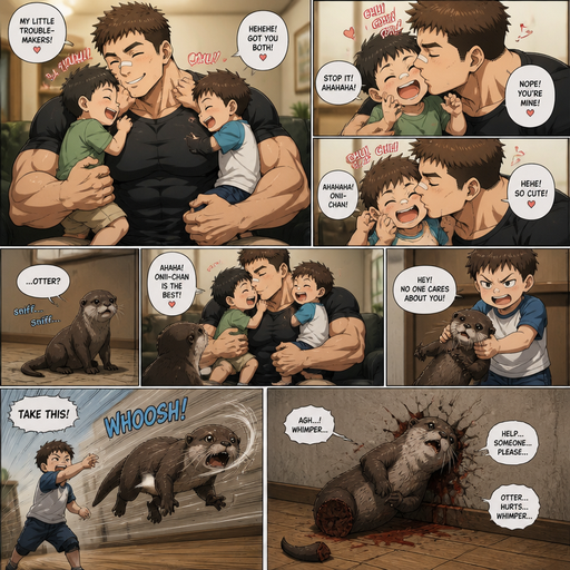 A DETAILED AND LIFELIKE ANIME Comic Book story view of a Bulky but Muscular ANIME Cute Bara Man With Peach toned skin Who looks Normal aind round facial Structure and Basic facial structure With Puffy and Big Pecs that are visible through the shirt and Biceps and Bandaid on his nose and Brown short hair that makes them look tough. Wearing normal With his pet Grown and healthy realistic otter and 2 little brothers that are in different ages but young. And he annoys the little brother’s and he kisses them all over their faces, and they laugh with joy. But the otter is left out and no one cares for him and and a brother picks him up and it flys to the wall and it layed there on its side whimpering and looses its tail and otter cried for help but wasn‘t heard