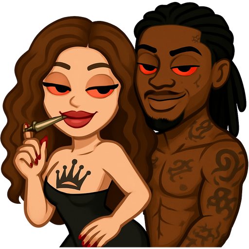 White girl huge crown tattoo on chest with long curly brown hair with red low eyes with eyelashes long nails smoking weed smirking with big lips twerking on black emoji tall buff with dreadlocks tattoos on face and body red eyes smirking