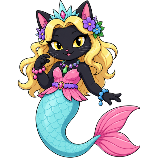 black cat with light yellow hair purple and blue flowers light cyan crown purple and green necklace pink and blue bracelets pink dress attached to long light cyan mermaid tail with pink tail fins based on sorket the cat naga