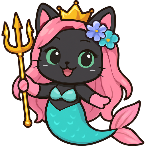 black cat smiling pink long hair golden crown purple and blue flowers green eyes light pink gloves very long cyan mermaid tail with pink fins swimsuit cyan holding a golden trident lunakittyfox style fan character emoji, expressive cute style