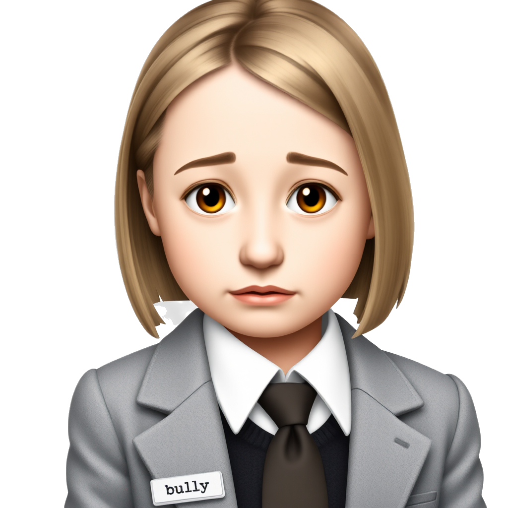 girl with light brown hair wearing a grey blazer white shirt black jumper and black and yellow tie crying with a name tag with the word bully on it