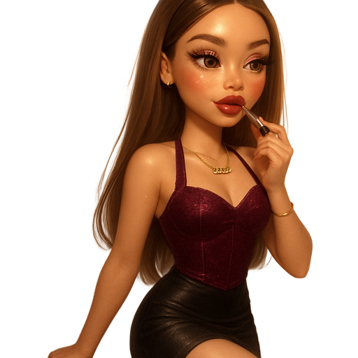 luxury glossy soft-Bratz storybook romantic aesthetic, warm cinematic glow, soft fairytale lighting, glossy doll-like skin, fair-light toasted soft autumn tone with faint rosy warmth, honey-brown almond eyes, soft freckles, tall forehead, plush lips, warm toasty glam makeup with shimmer highlight, fluttery lashes, sweet Belle-princess energy, cozy romantic vibe, long straight brunette honey balayage hair with light honey-blonde highlights, shimmery plum velvet halter corset top paired with black satin micro mini skirt, strappy rhinestone heels, gold nameplate necklace, slick straight hair tucked behind ears, glossy wine-stained lips, leaning against marble sink reapplying lipstick, sparkly glow